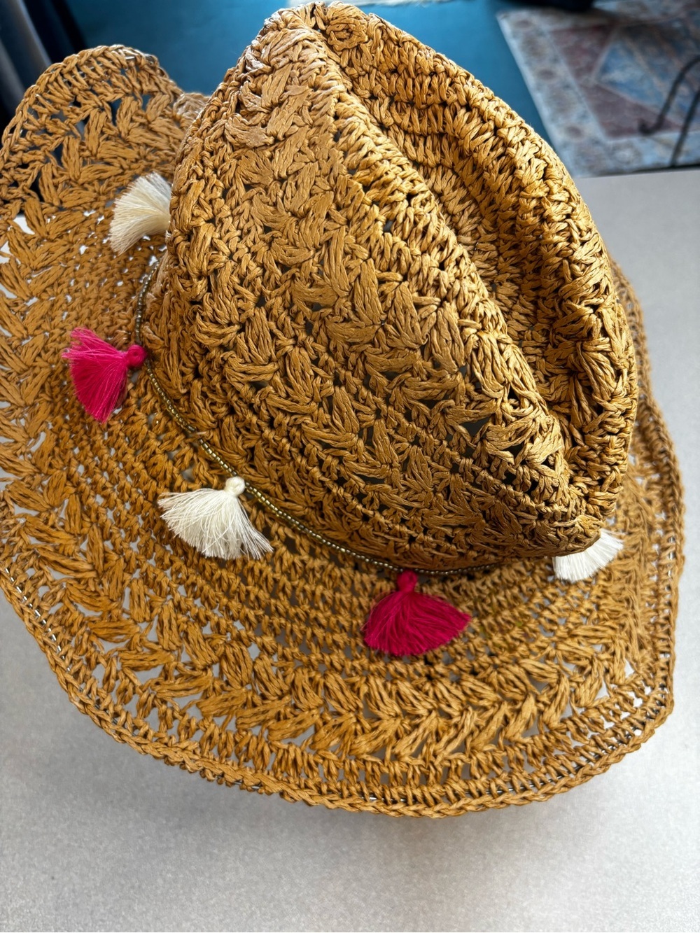 INC International Concepts Woven Raffia Sun Hat with Tassel Trim NWT